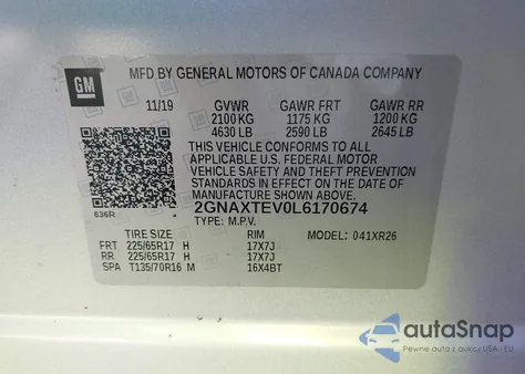 2020 Chevrolet Equinox Awd 2Fl из США, поврежденный, VIN 2GNAXTEV0L6170674